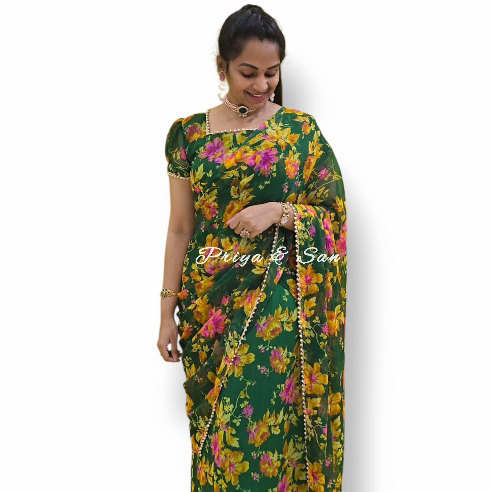 Emerald Blossom Vibes-2 in 1 Saree Gown