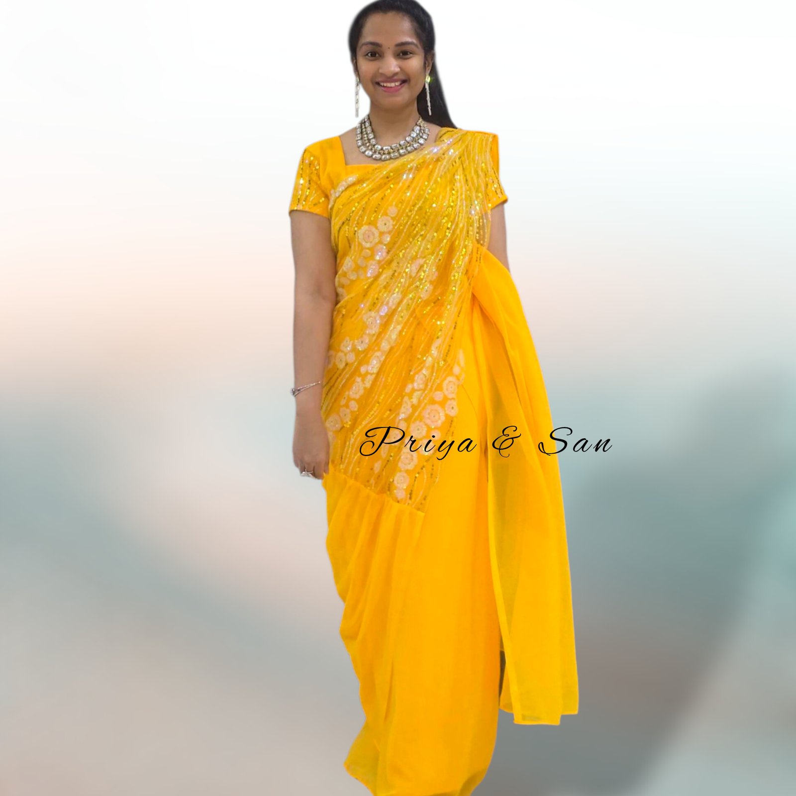 Yellow Glitz 2 in 1 Saree Gown