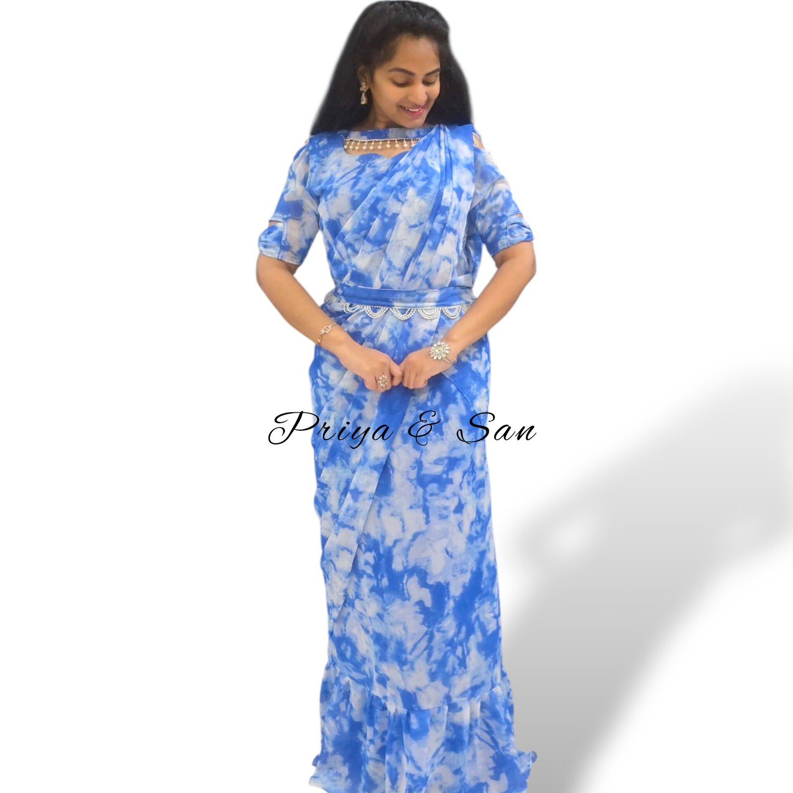 Marble Print 2 in 1 saree gown with belt