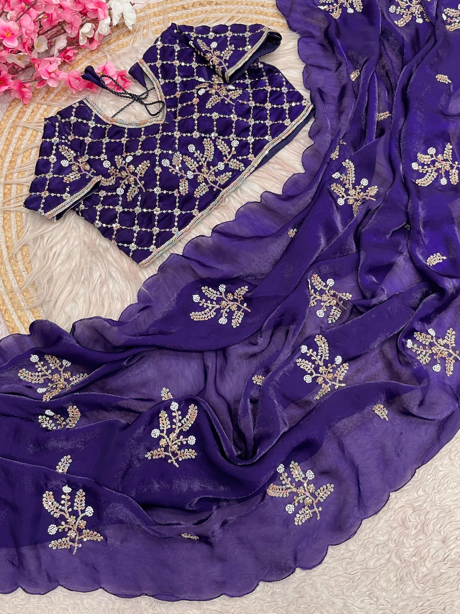 Arco Bloom Satin Saree (Stitched Blouse)