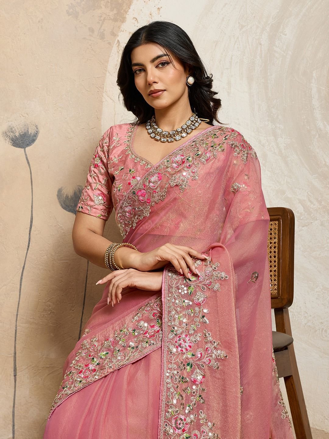 Arista Blush Wedding Glow Chiffon Saree (Unstitched Blouse)